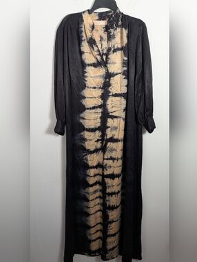 Cali Dreaming Maxi dress Tie Dye navy Tan Lyocell Cupro Back Slit Sz S/ Xs